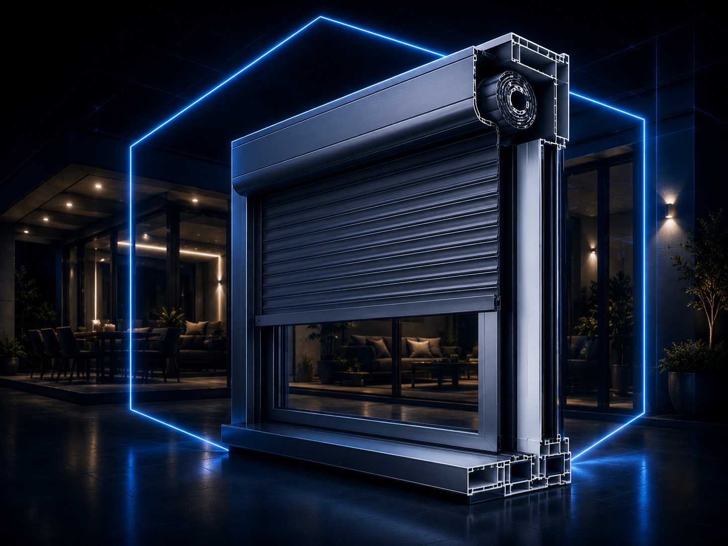 Rollläden im blauen 3D-Design