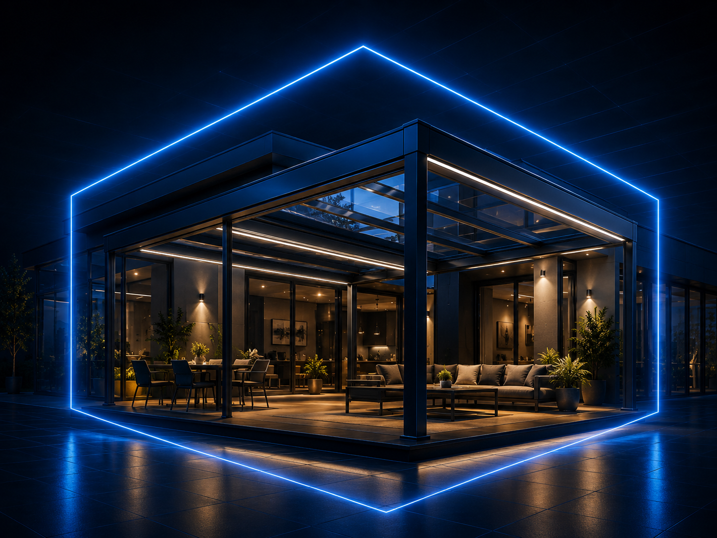Terrassendächer im blauen 3D-Design