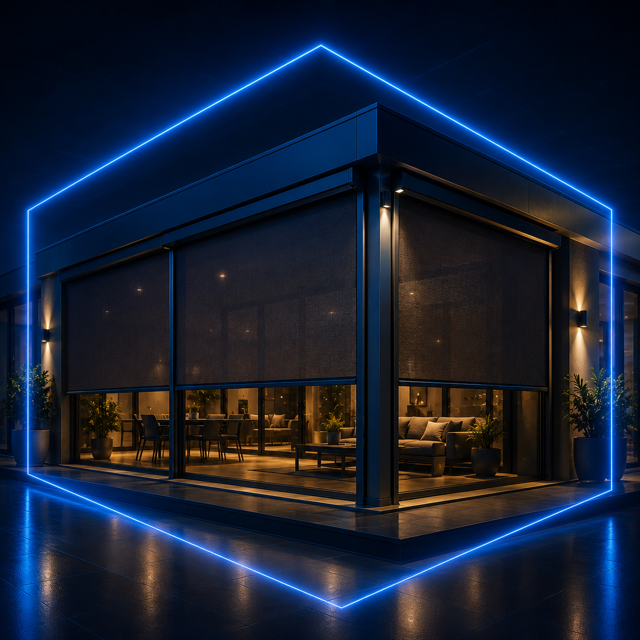 Markisen & ZIP-Systeme im blauen 3D-Design